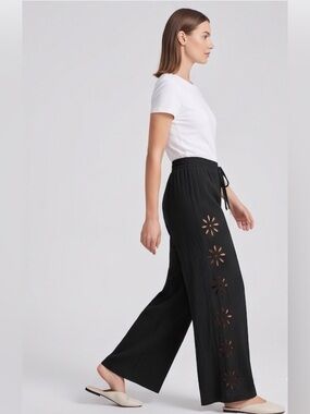 Boho Floral Eyelet Hollow Out Pants Black